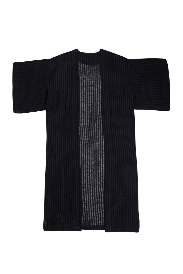 flat lay view of Long black semi-sheer linen blend cover-up with wide kimono sleeves and side slits, full-length lightweight beach kimono 