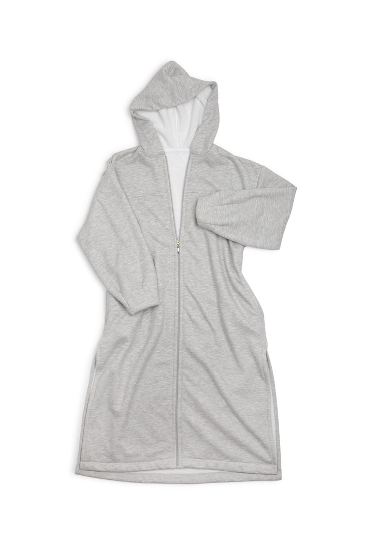 Long heather grey a long zip up hoodie, zipped up with hood up, with side slits and pockets in laid flat on a plain grey background