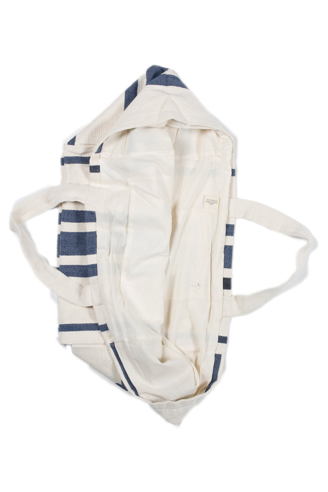 close up of oversized white and blue striped Turkish cotton tote bag on a white background #colour_navy