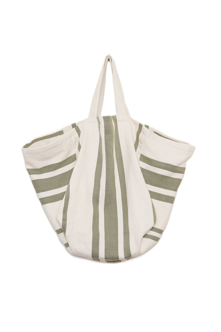 oversized white and olive green striped Turkish cotton tote bag on a white background #colour_olive