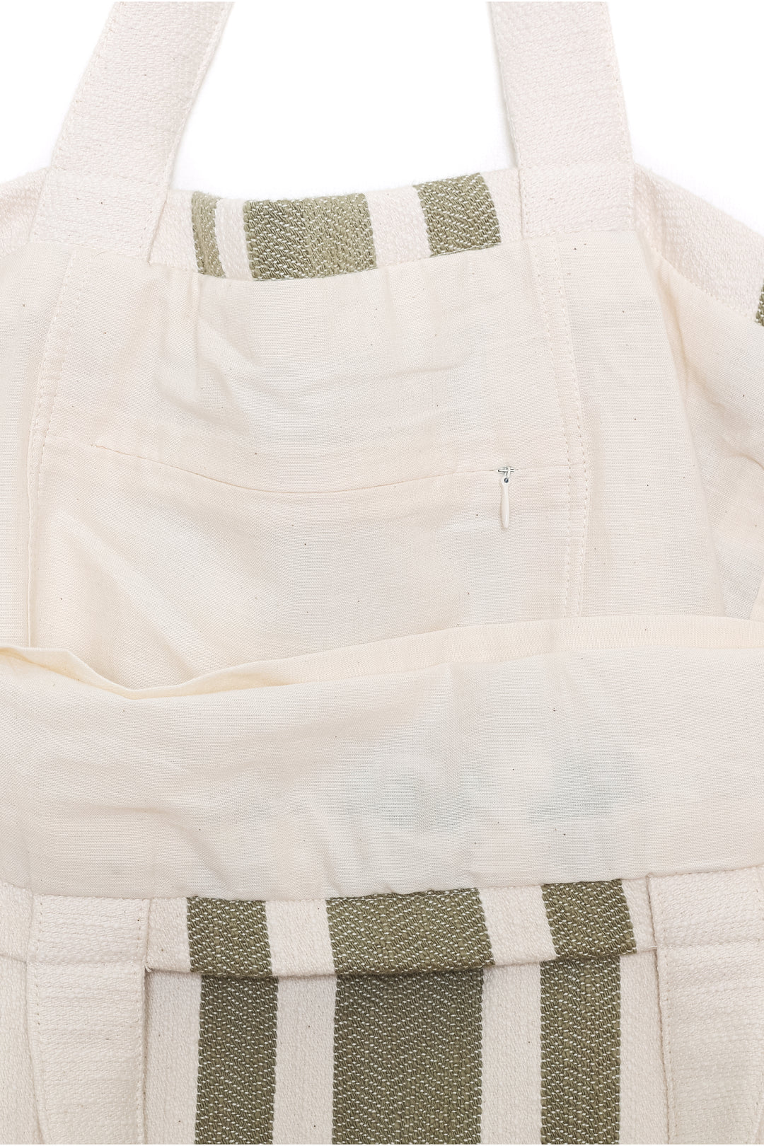 close up of oversized white and olive green striped Turkish cotton tote bag on a white background #colour_olive