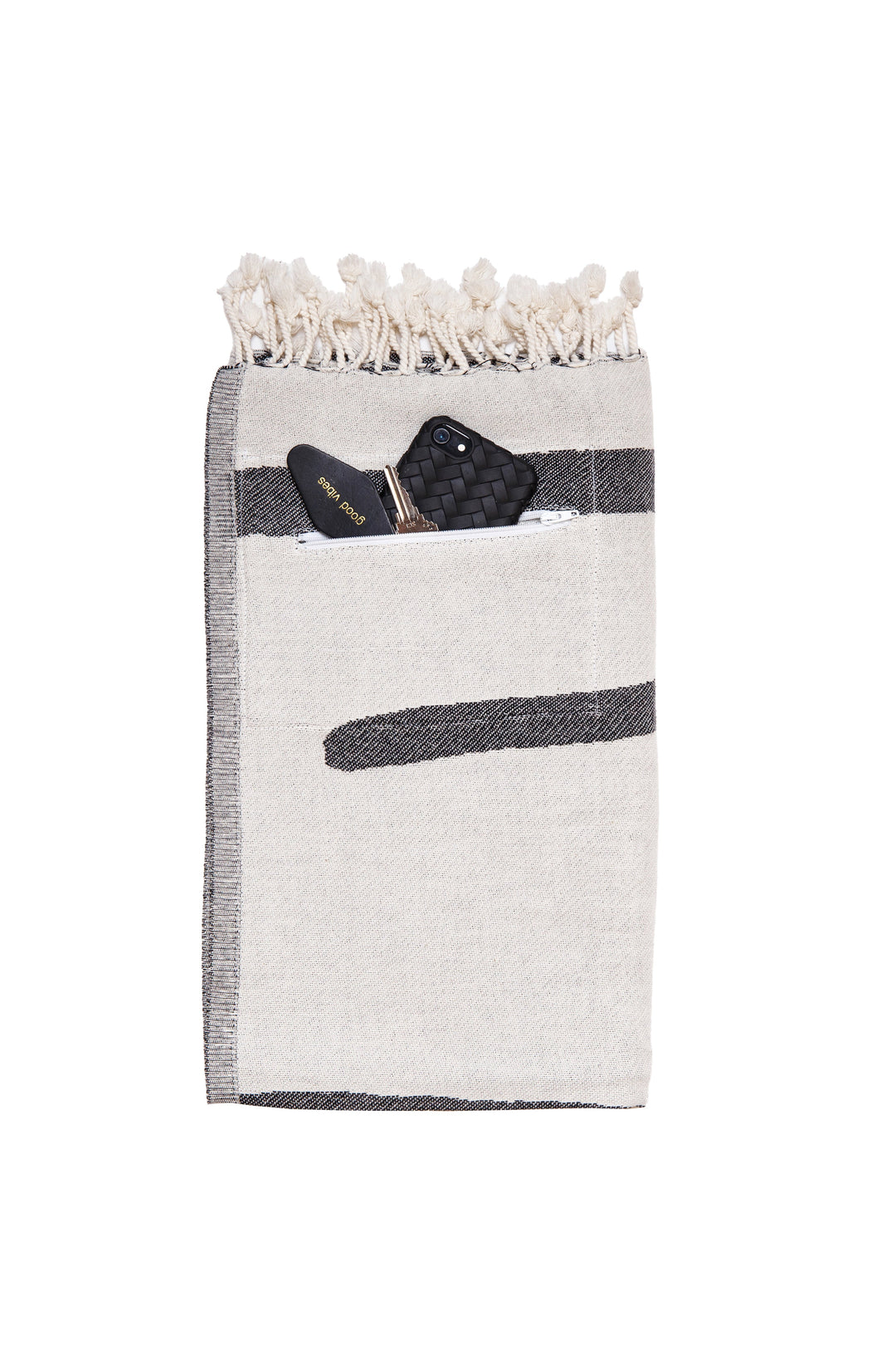 Turkish cotton towel with an abstract white and dark grey design, eyelash fringe and discreet zipper pocket laid folded on a white background #colour_granite