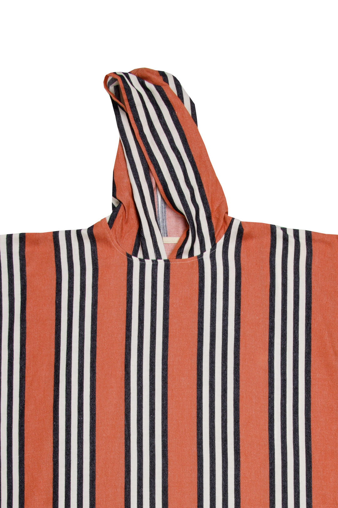 warm orange poncho with black and white stripes, and a hood in front of a white background