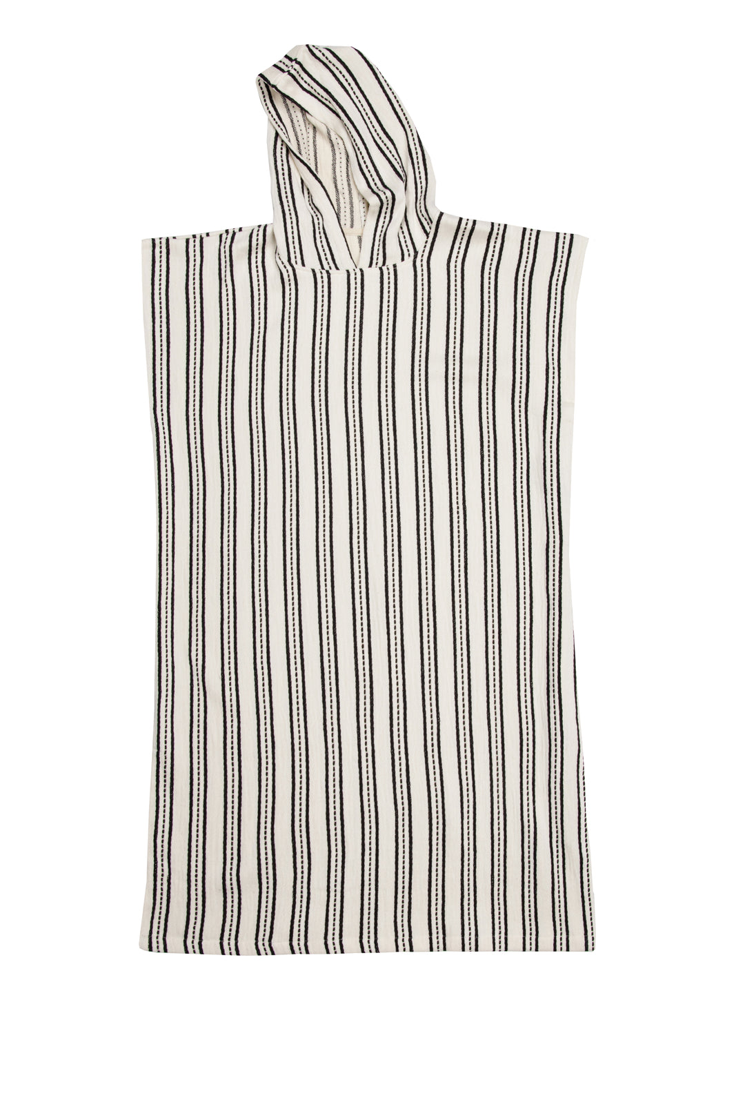 long off white hooded poncho with black hand stitched stripes side slits laid flat against a plain background.