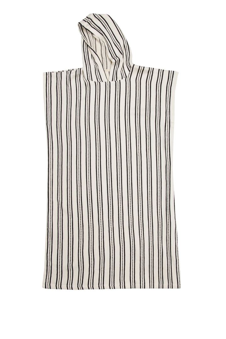 long off white hooded poncho with black hand stitched stripes side slits laid flat against a plain background.