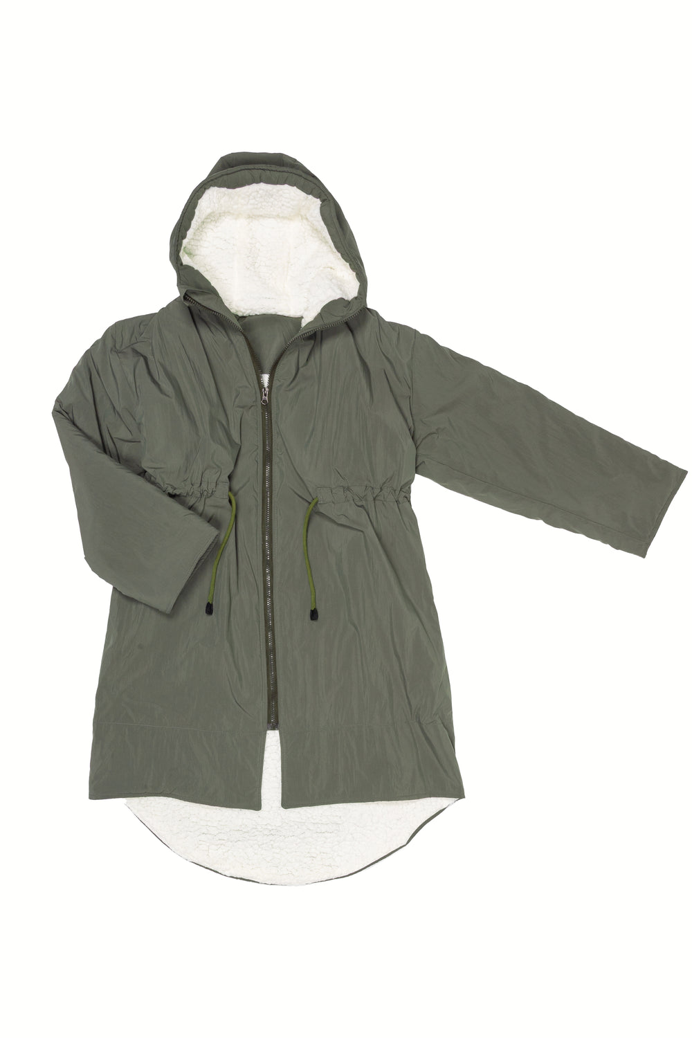 An olive green hooded jacket with a white sherpa lining, featuring a front zipper, drawstring hood, and drawstring waist, laid flat against a white background.