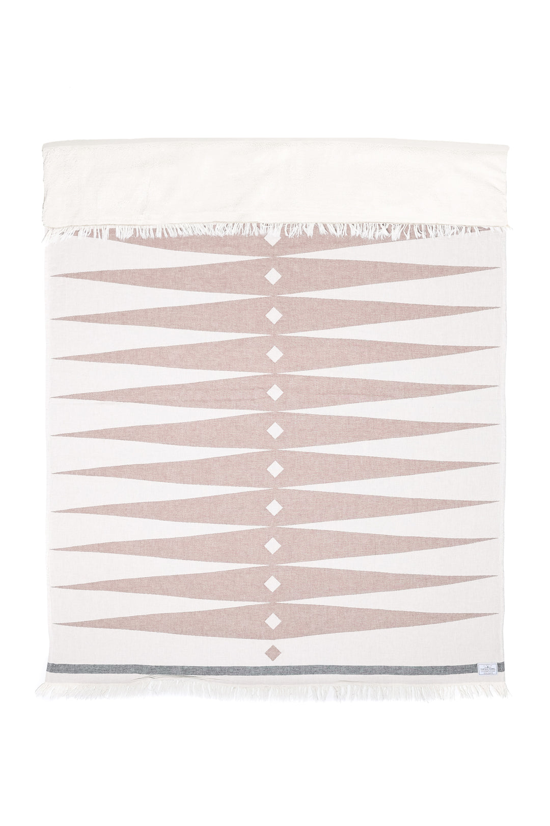 off white fleece lined throw with light brown geometric design and single black stripe and eyelash fringe laid flat with one side folded down on a white background #colour_walnut 