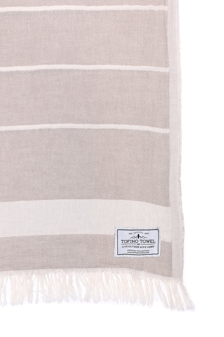 close up of beige and off white fleece lined throw with eyelash fringe on a white background #colour_beige