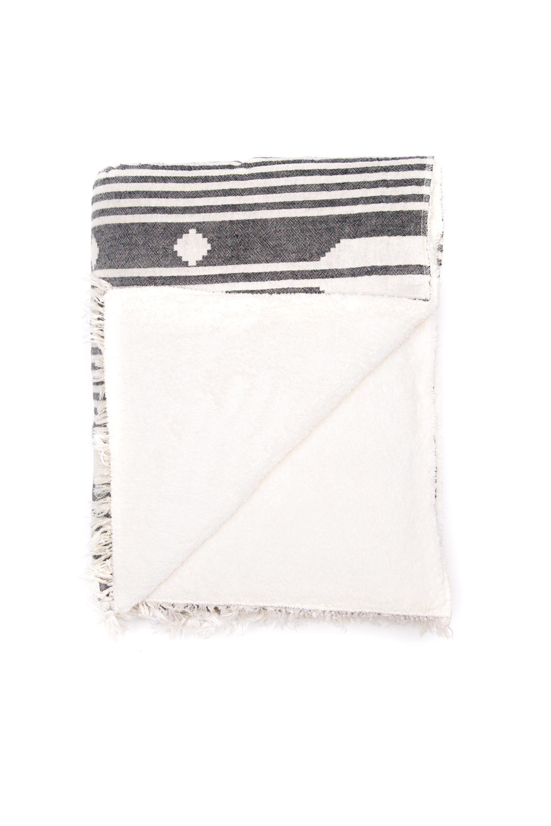 dark grey and cream traditional geometric, fleece lined throw with eyelash fringe on folded with one corner flipped back on white background  #colour_granite