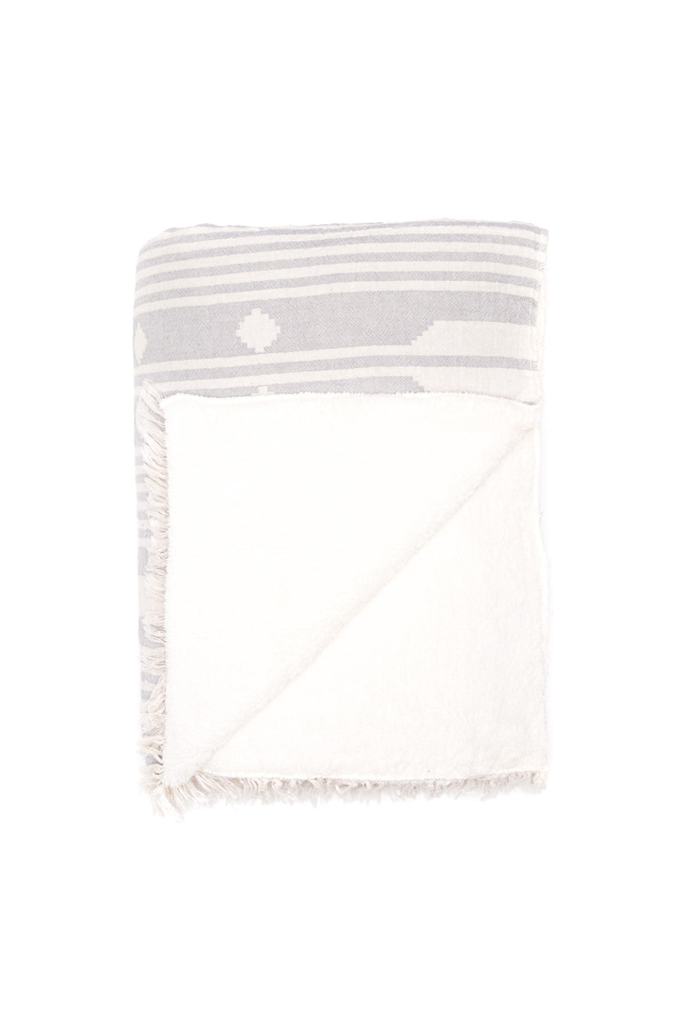 light grey and white traditional geometric pattern fleece lined throw with eyelash fringe folded with one corner flipped back on a white background #colour_pewter