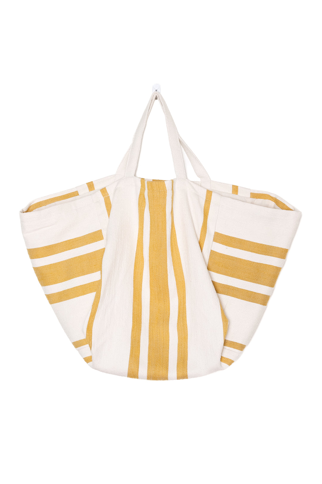 oversized white and golden yellow striped Turkish cotton tote bag on a white background #colour_gold