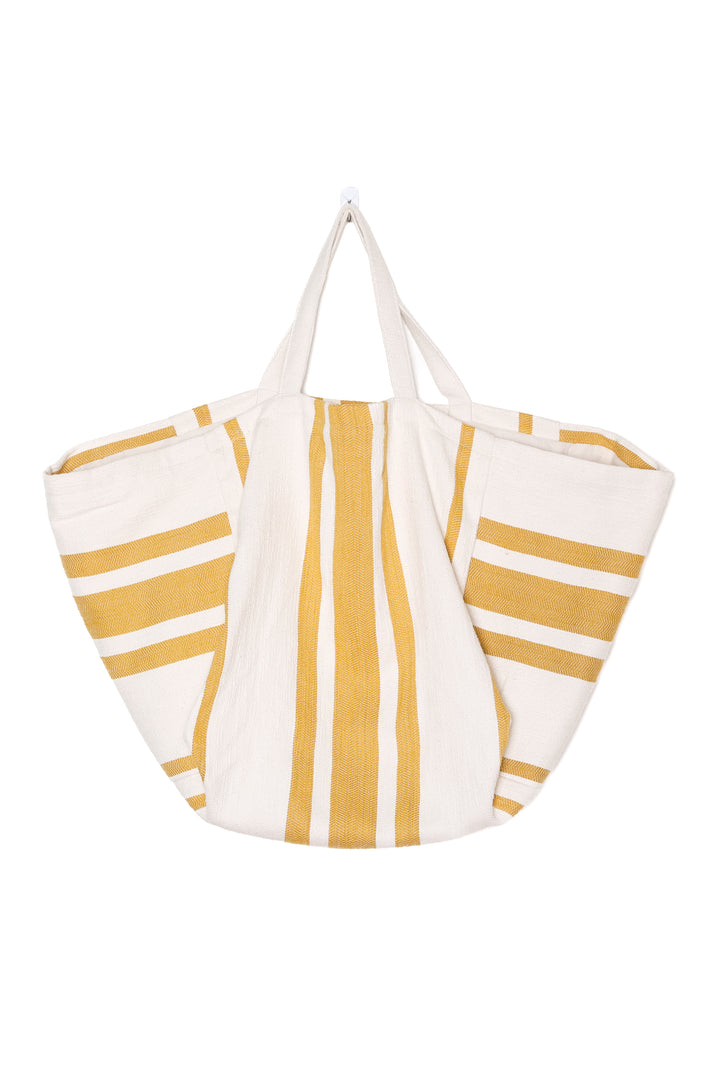 oversized white and golden yellow striped Turkish cotton tote bag on a white background #colour_gold