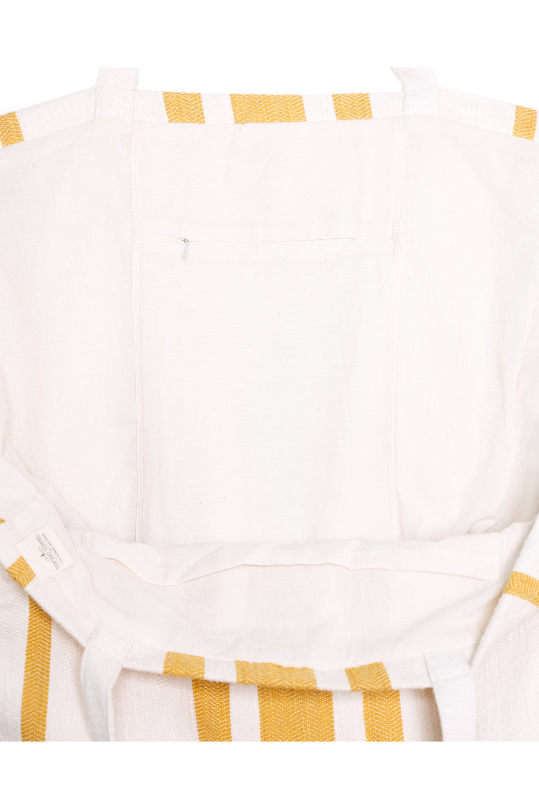 close up of oversized white and golden yellow striped Turkish cotton tote bag on a white background #colour_gold