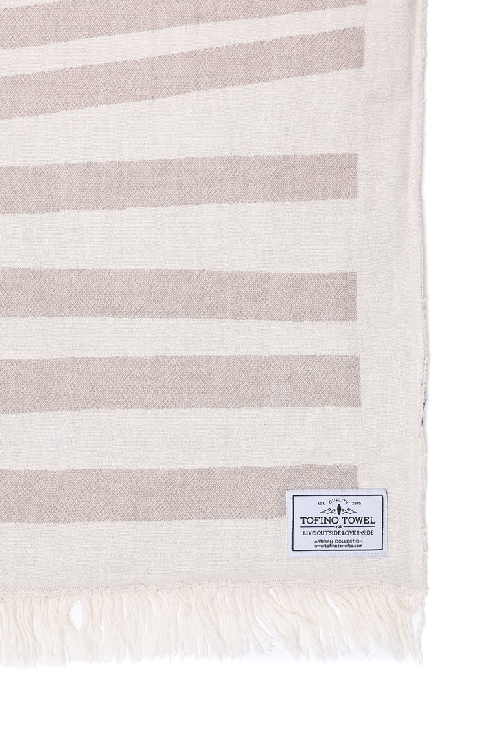 close up of off white and beige fleece lined throw with modern ripple effect stripe design with eyelash fringe a white background  #colour_beige