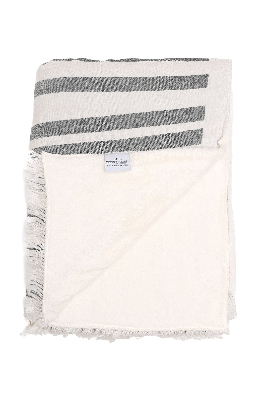 off white and dark grey fleece lined throw with modern ripple effect stripe design with eyelash fringe folded with one corner turned backon a white background #colour_granite